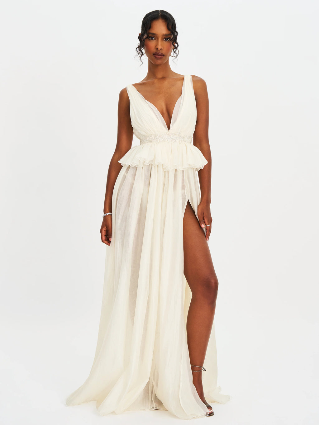 Calleigh Off White Flare Beaded Belt Maxi Gown