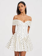 Edeline Polka Dot Off shoulder Pleated Mini Dress