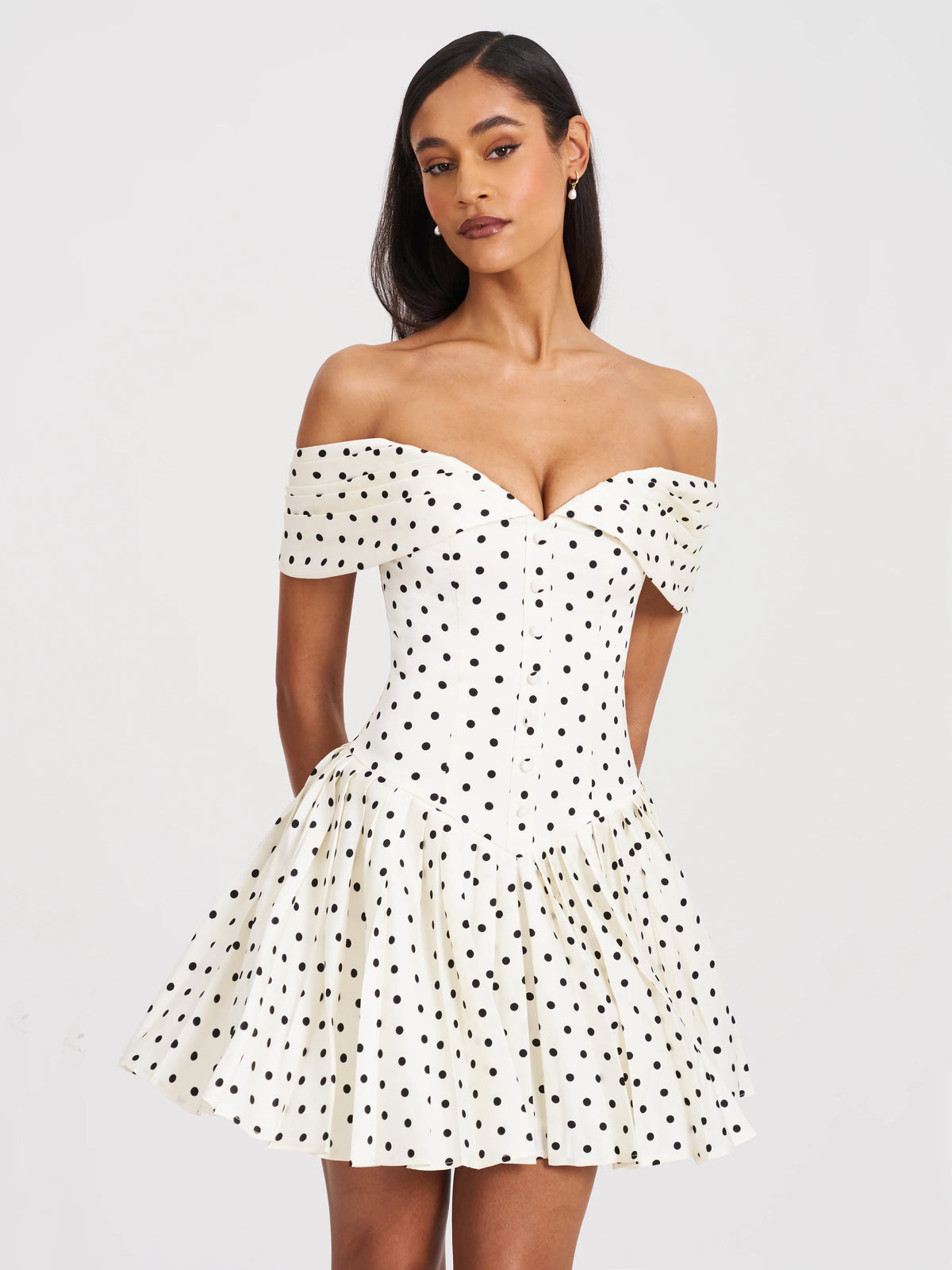Edeline Polka Dot Off shoulder Pleated Mini Dress