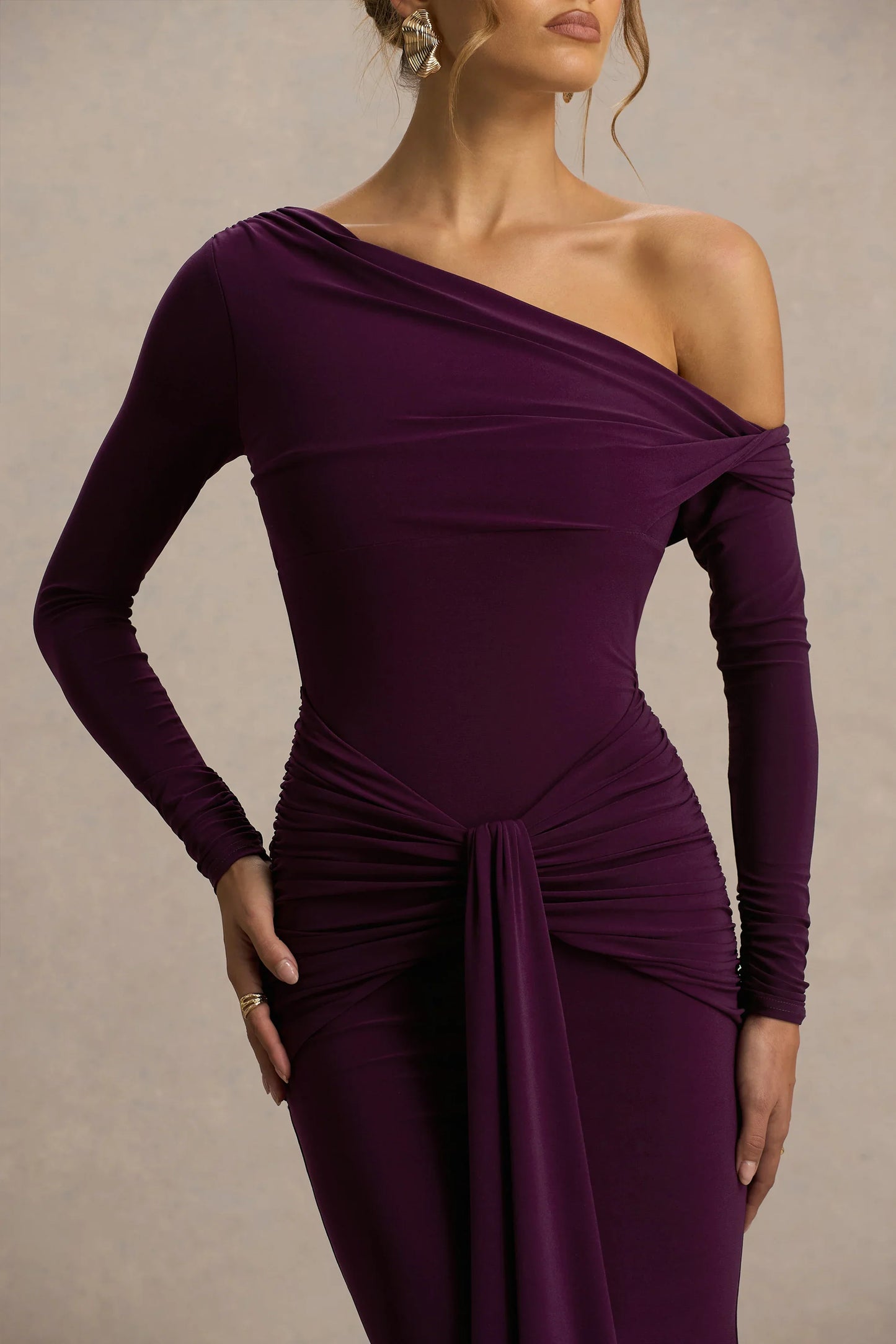 Clover Burgundy Asymmetric Neck Wrapped Maxi Dress With Sash