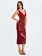 Shanelle Crimson Sequin Plunging Midi Dress