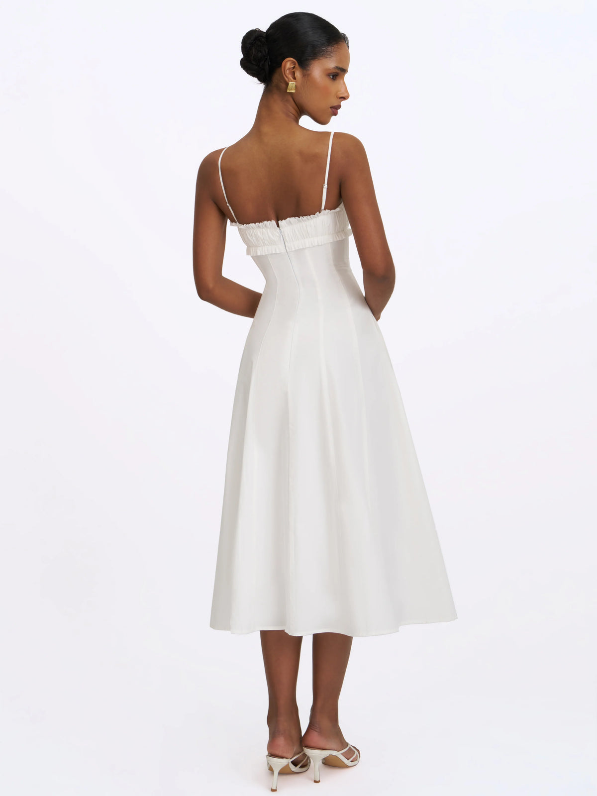 Vicenta White Cotton Poplin Ruched Midi Dress