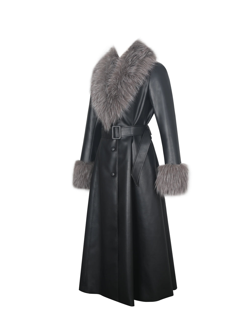 Nico Black Faux Leather Fur Trimmed Belted A Line Midi Coat