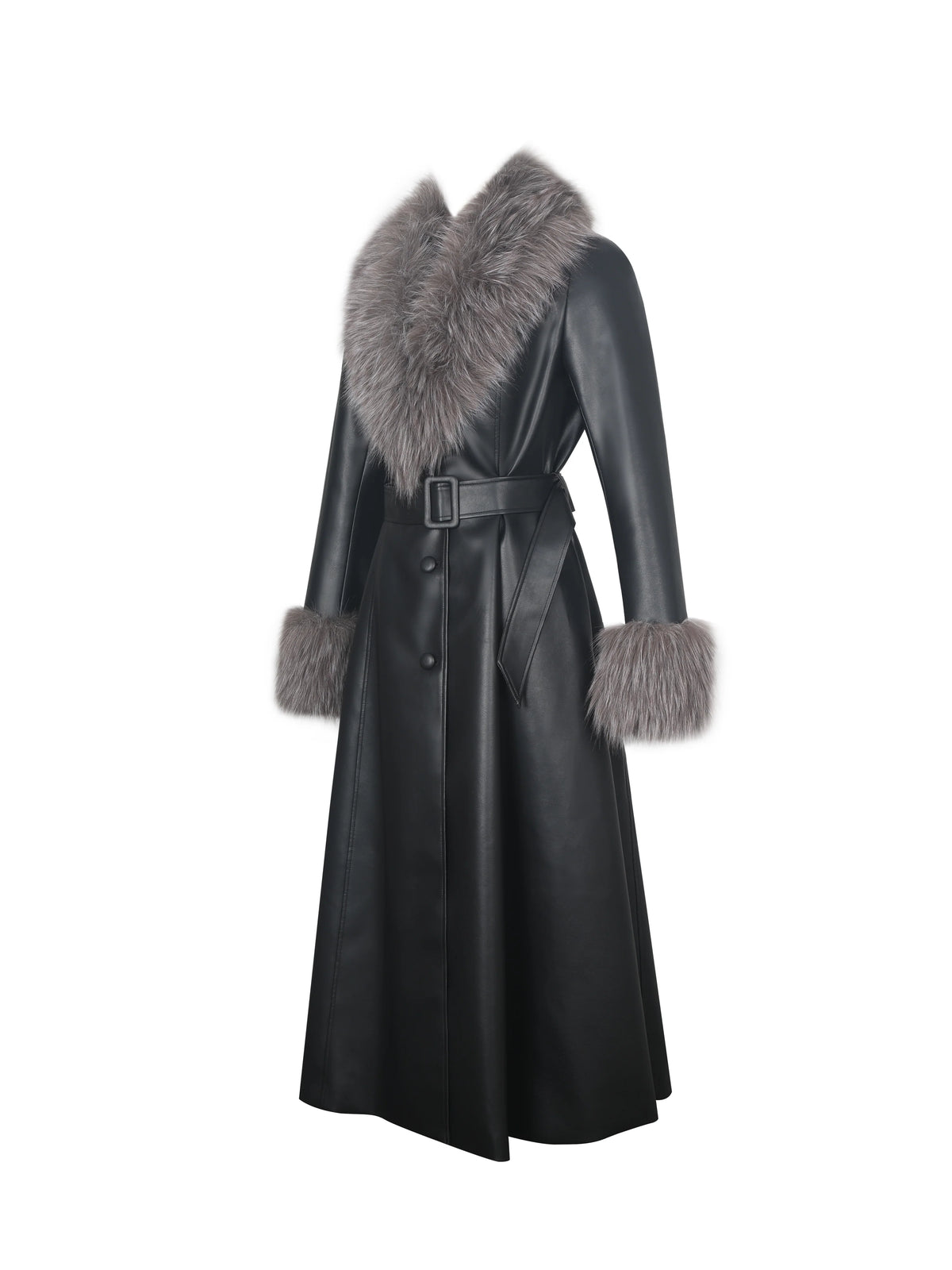 Nico Black Faux Leather Fur Trimmed Belted A Line Midi Coat