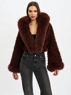 Kali Mahogany Cropped Vegan Shearling Fur Jacket
