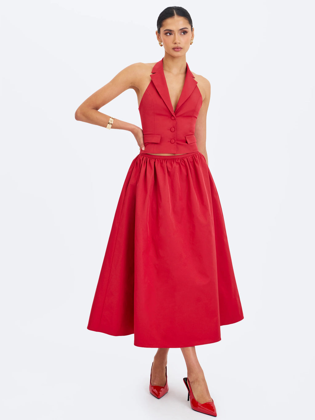 Ursella Crimson Halter Single Breasted Lapel Top