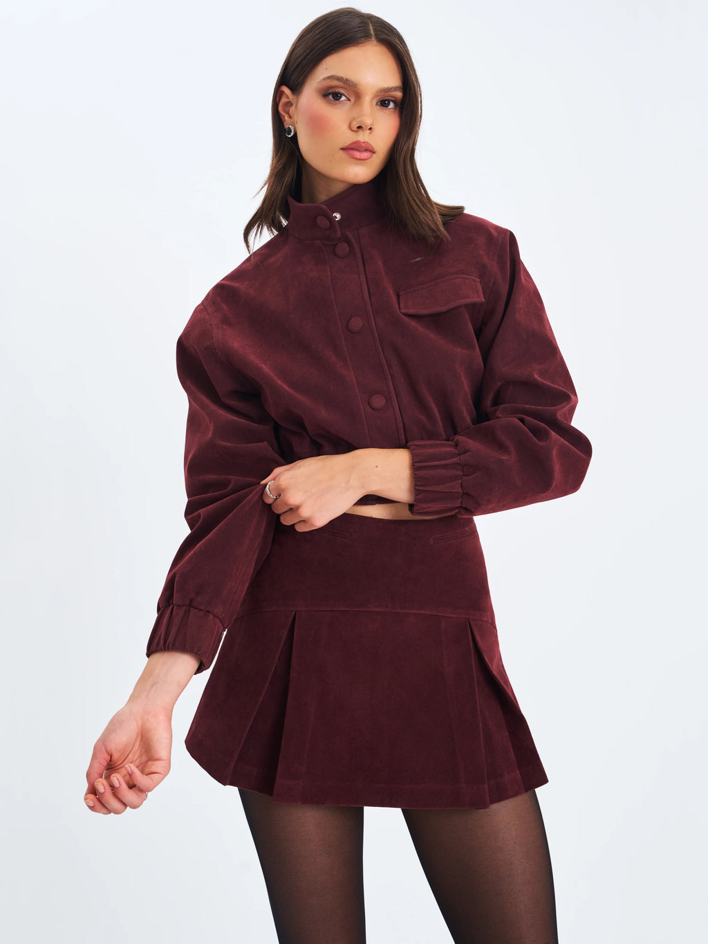 Faryn Mahogany Vegan Suede Pleated A Line Mini Skirt