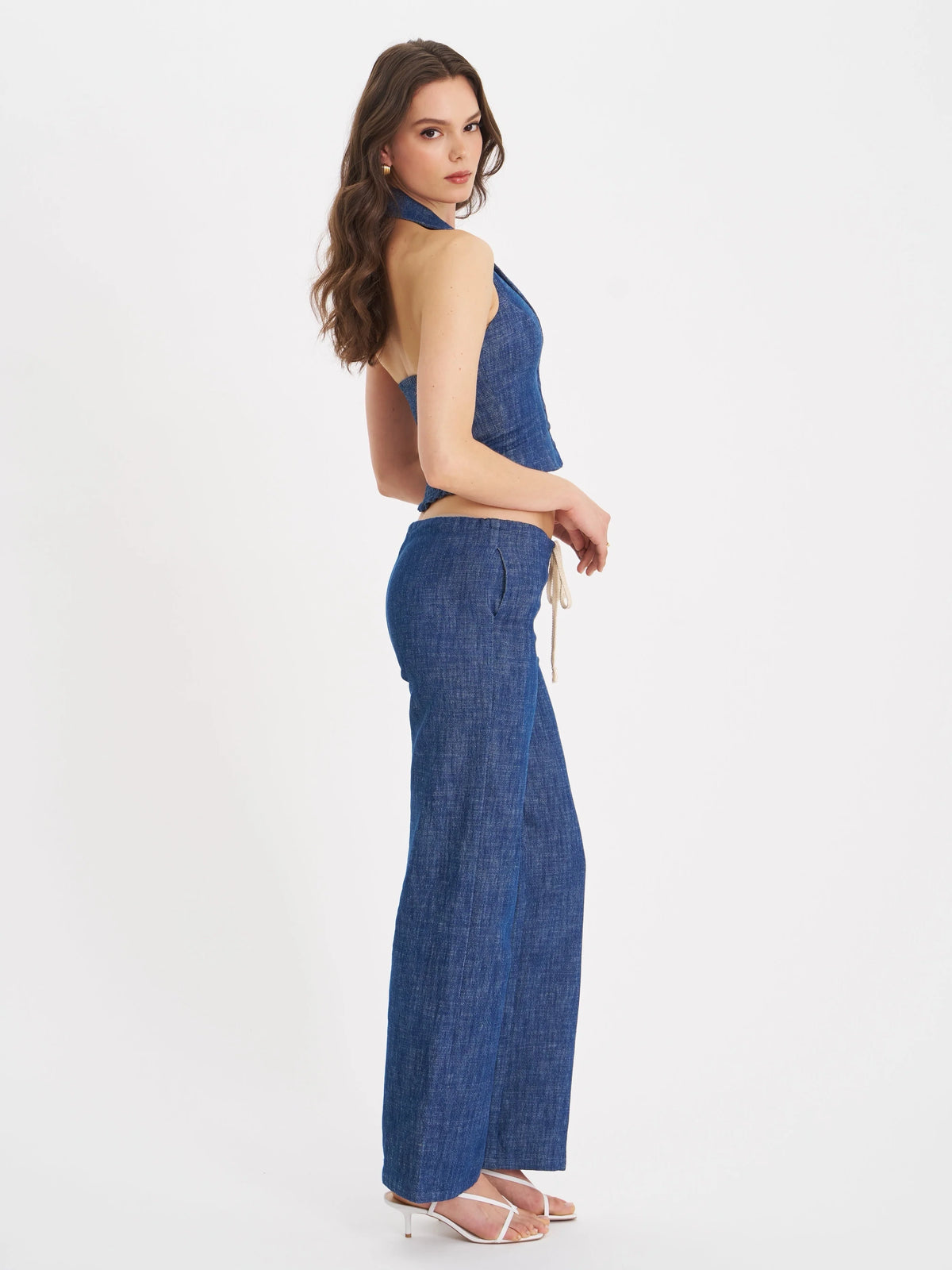 Rafaella Navy Cotton Denim Halter Lapel Top Archive Sale