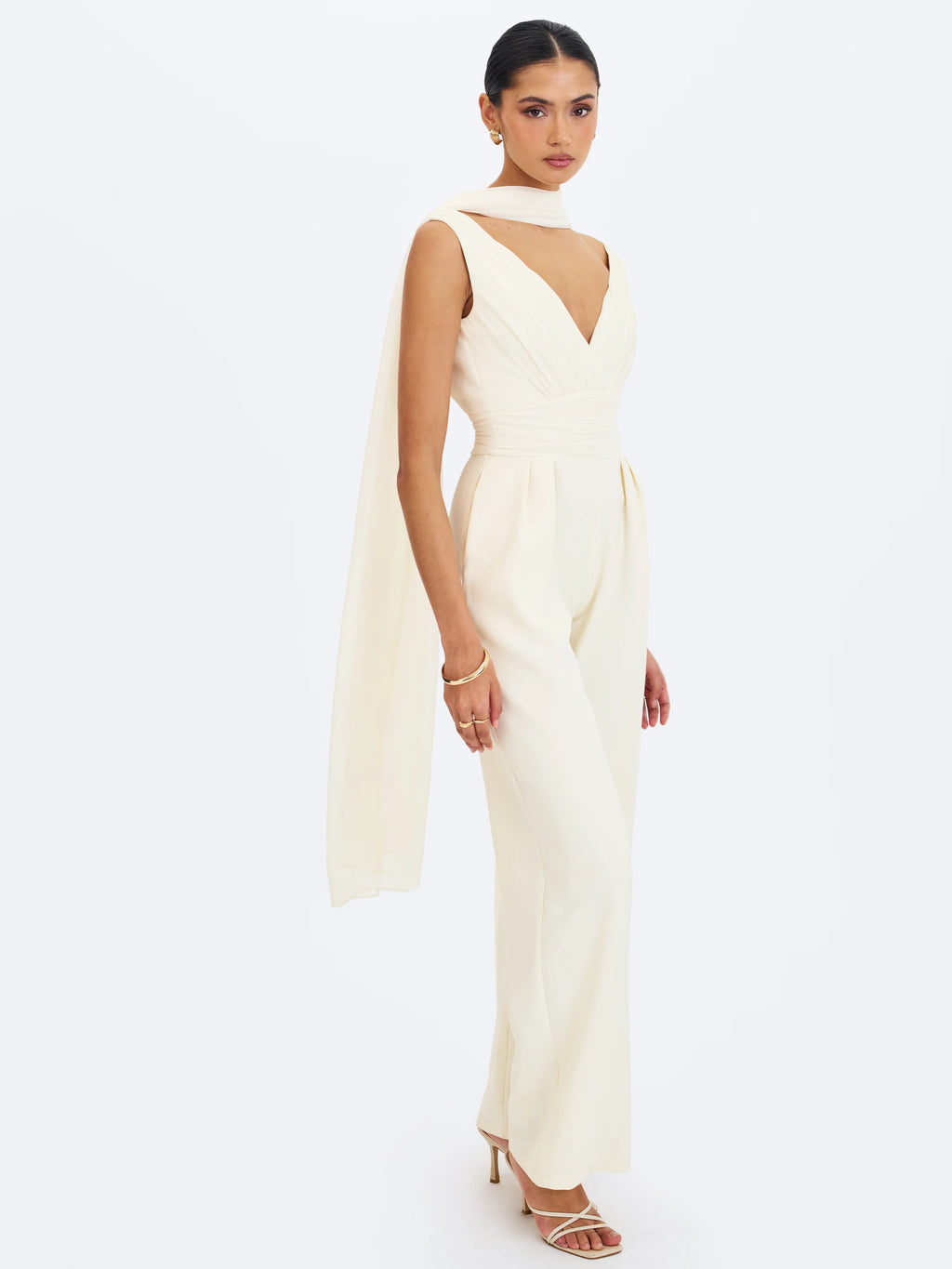 Harper Ivory Ruched V Neck Jumpsuit with Scarf