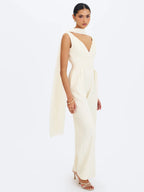 Harper Ivory Ruched V Neck Jumpsuit with Scarf