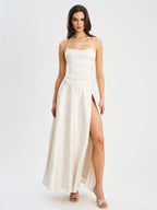 Raegan Pearl White Jacquard Ruched Maxi Dress