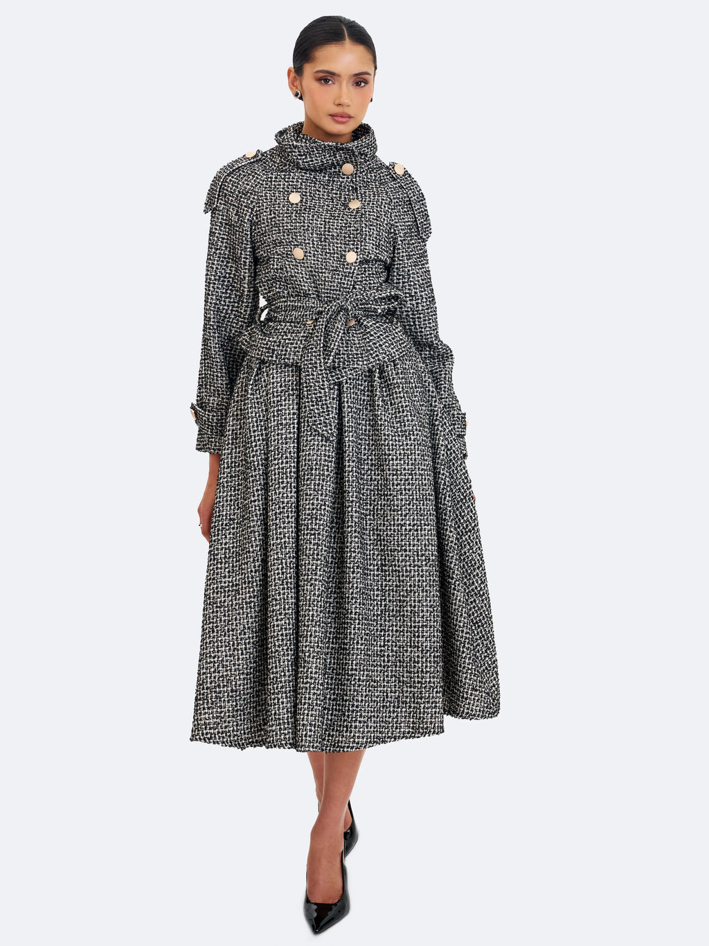 Katalina Black White Tweed Backless Midi Dress