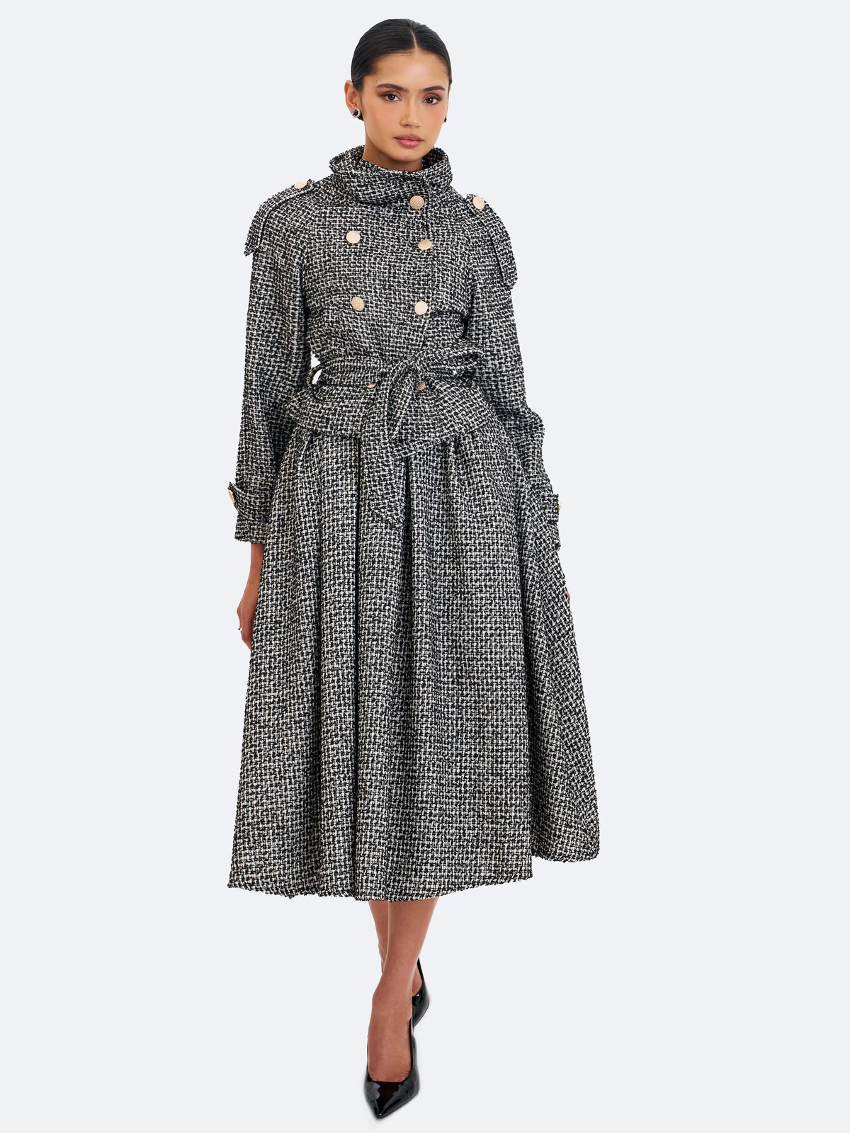 Katalina Black White Tweed Backless Midi Dress