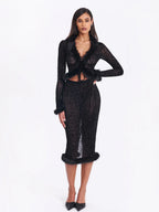Hali Black Animal Print Burnout Velvet Fur Trim Top