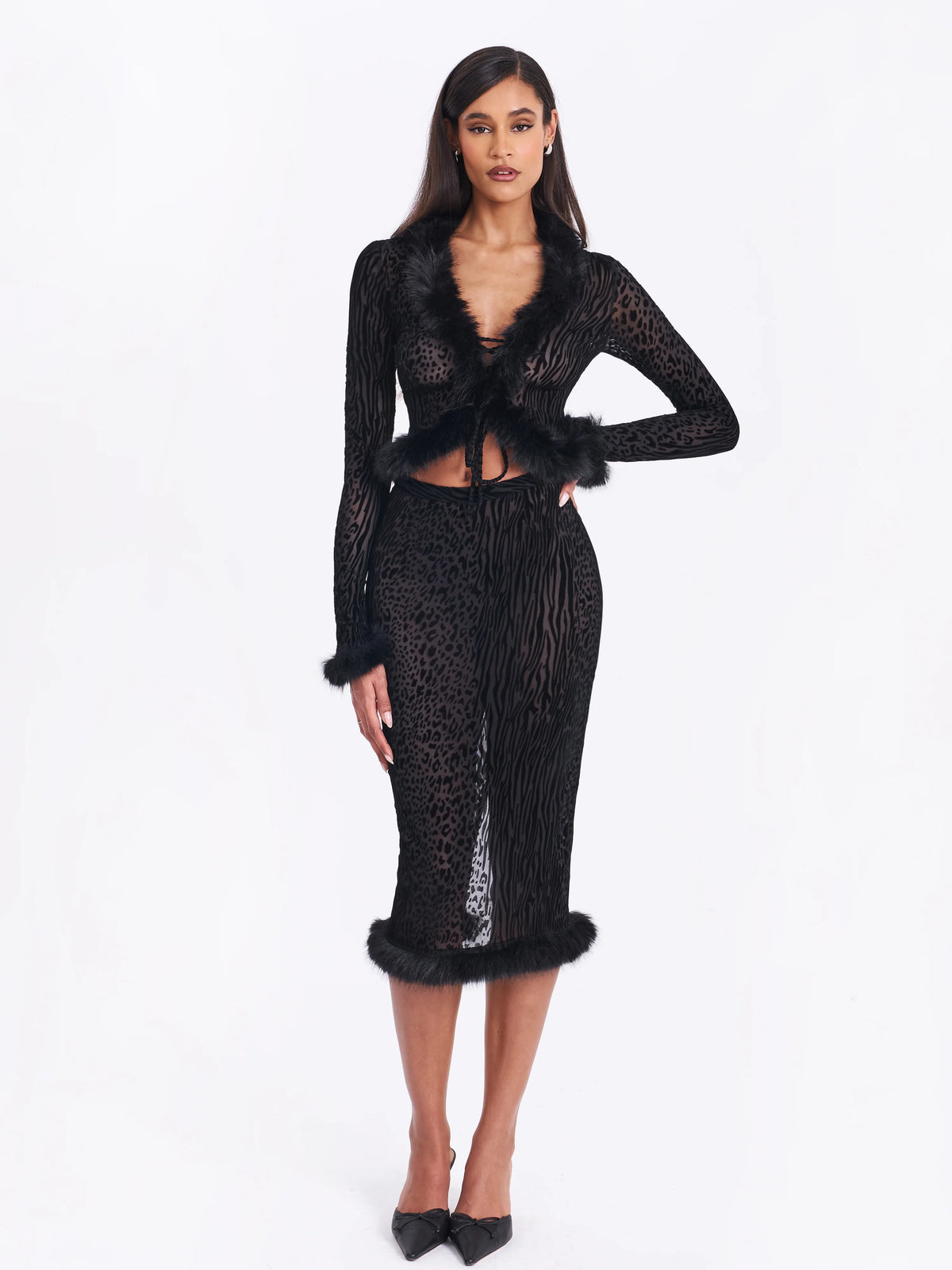 Hali Black Animal Print Burnout Velvet Fur Trim Top