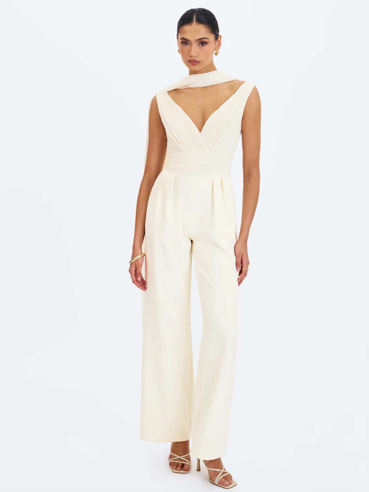 Harper Ivory Ruched V Neck Jumpsuit with Scarf