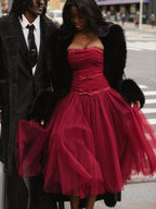Mabel Burgundy Drop Waist Layered Mesh Midi Puffy Dress with Bow