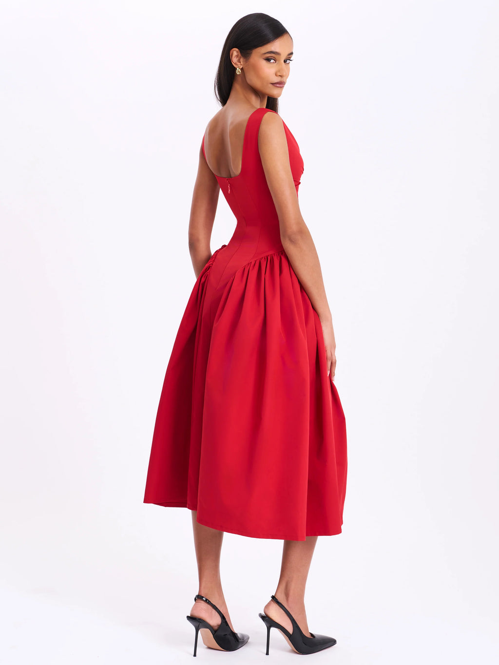Nahla Red Drop Waist Midi Dress with Buttons