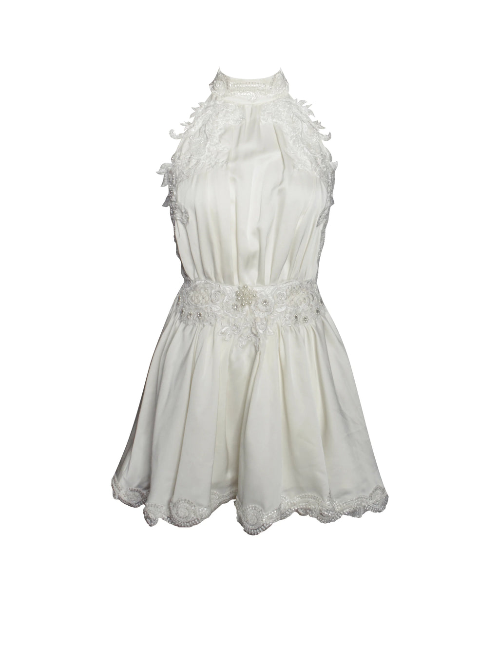 Idalia Pearl White Beaded Lace Trim Backless Halter Mini Dress
