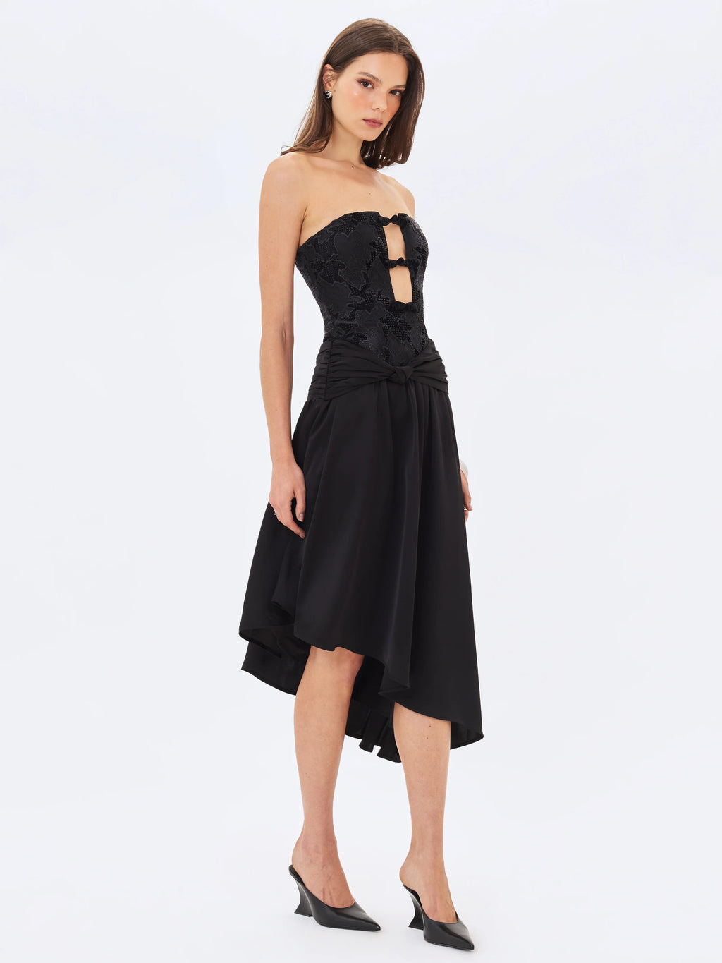 Yoseline Black Velvet Lace Cutout Asymmetrical Satin Midi Dress