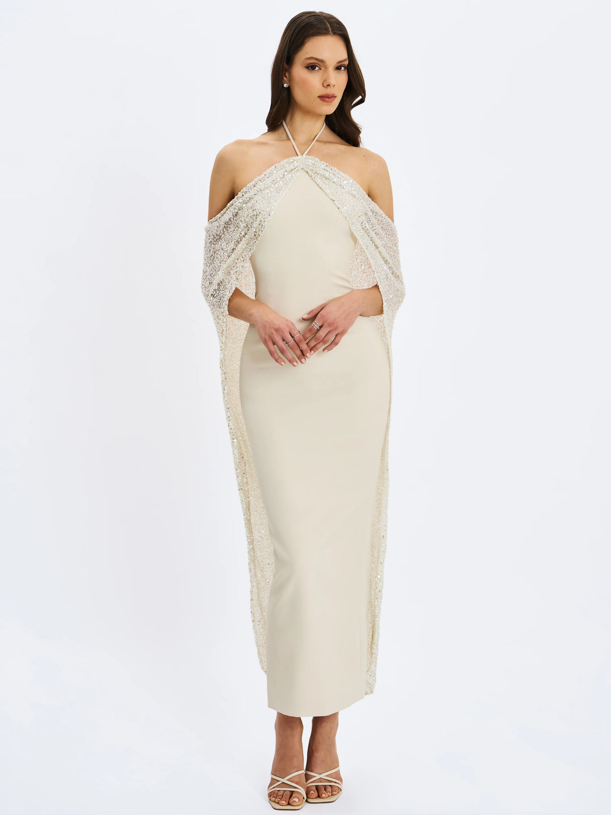Quimera Almond Beaded Cape Halter Off Shoulder Maxi Gown