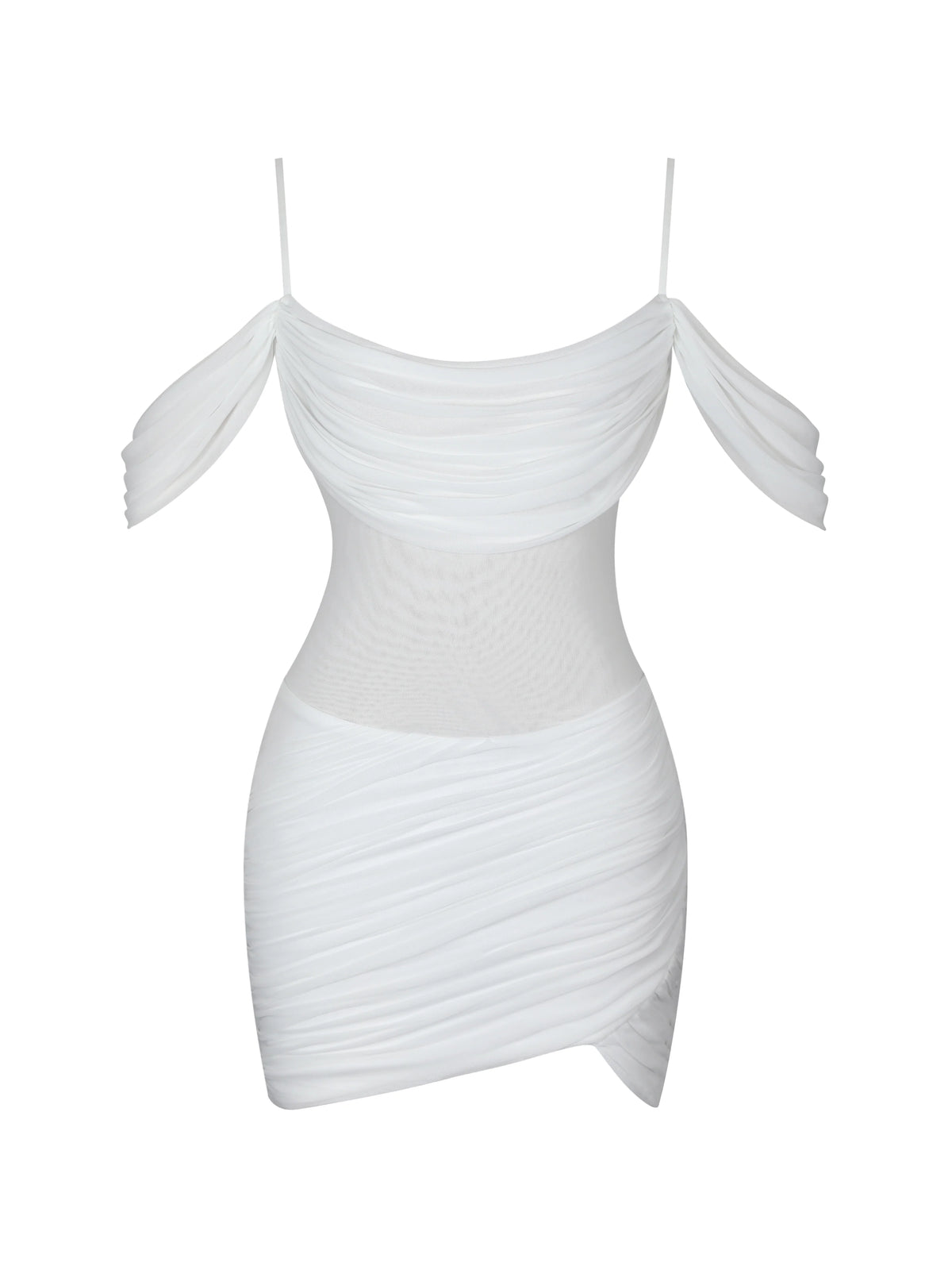Umnia White Mesh Off Shoulder Drape Mini Dress