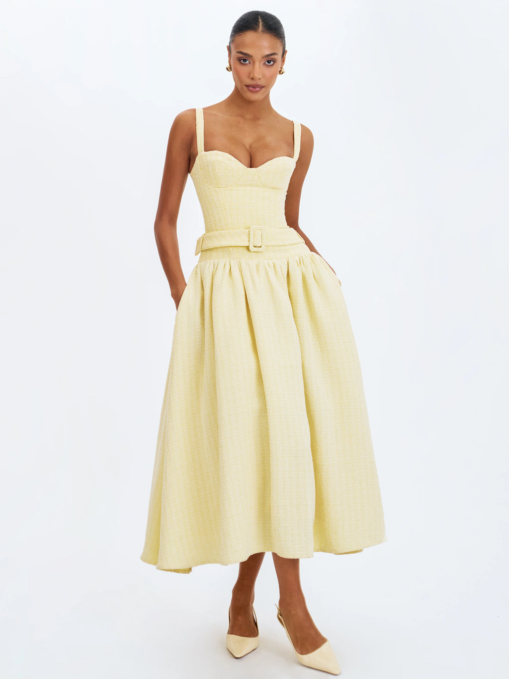 Tiana Butter Yellow Sweetheart Belted Midi Dress