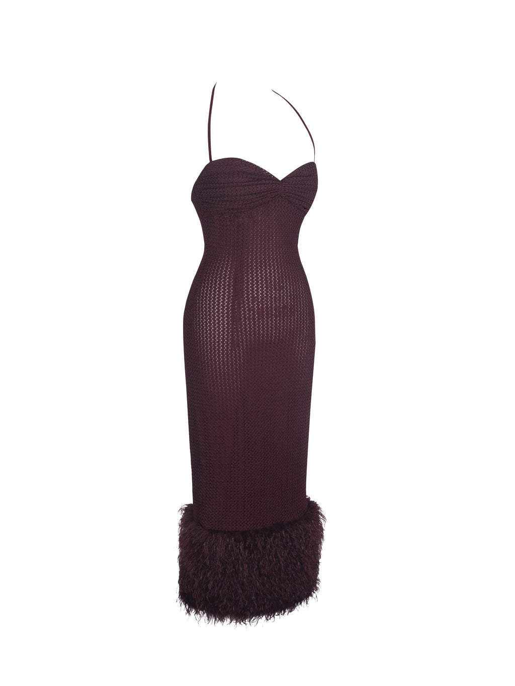 Pluma Maroon Halter Faux Fur Trimmed Midi Dress
