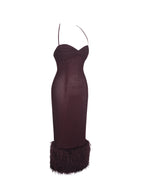 Pluma Maroon Halter Faux Fur Trimmed Midi Dress