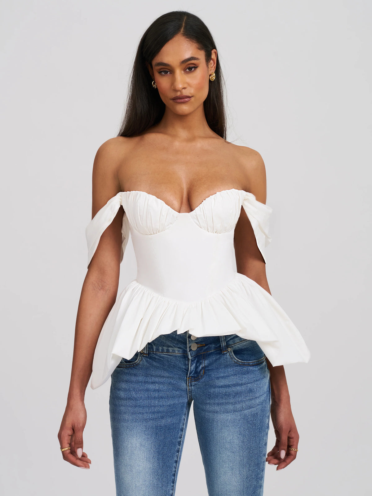 Qistina White Off shoulder Bubble Hem Peplum Cotton Top