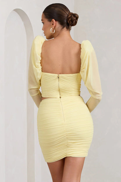 Butterfly Yellow Puff Sleeve Ruched Crop Top