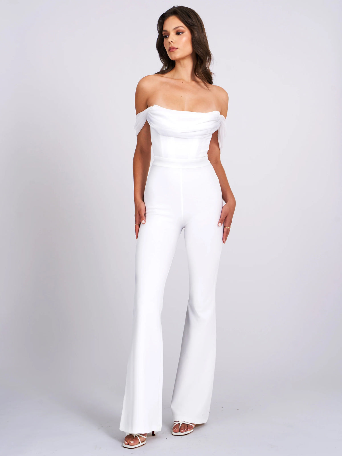 Sherlyn White Off Shoulder Flared Crepe Jumpsuit Archive Sale