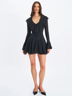 Omari Black Chiffon Polka Dot Ruffled Neckline Mini Dress