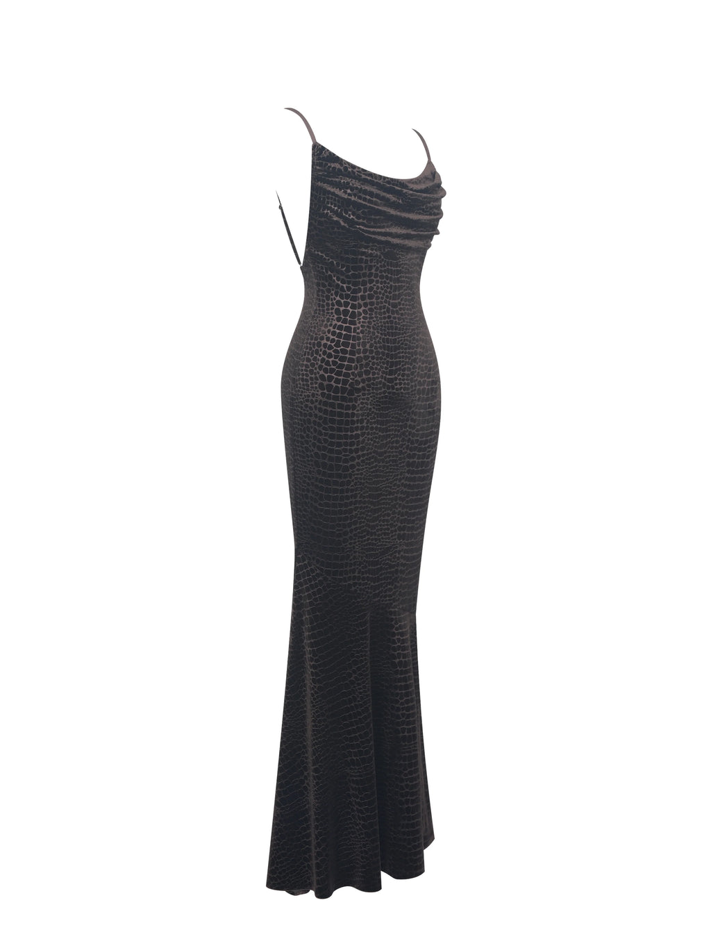 Veronique Brown Croc Embossed Velvet Cowl Neck Mermaid Maxi Dress