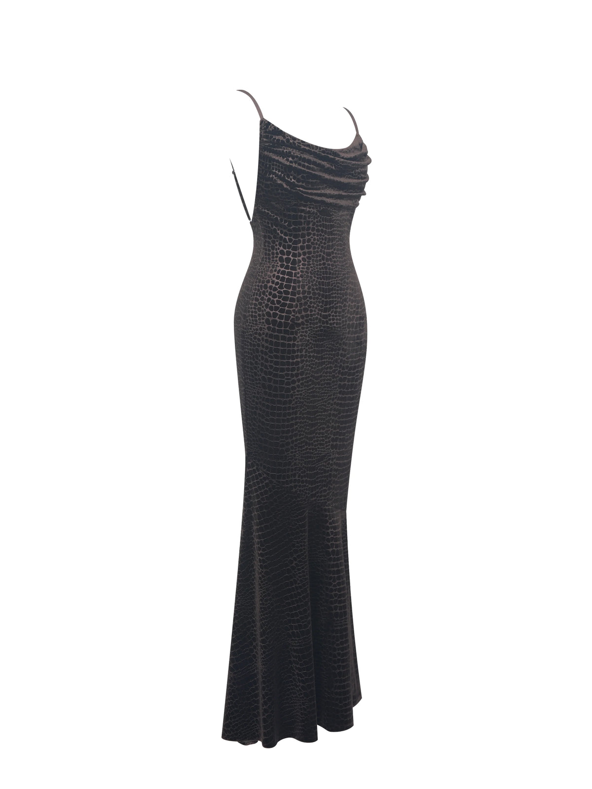 Veronique Brown Croc Embossed Velvet Cowl Neck Mermaid Maxi Dress