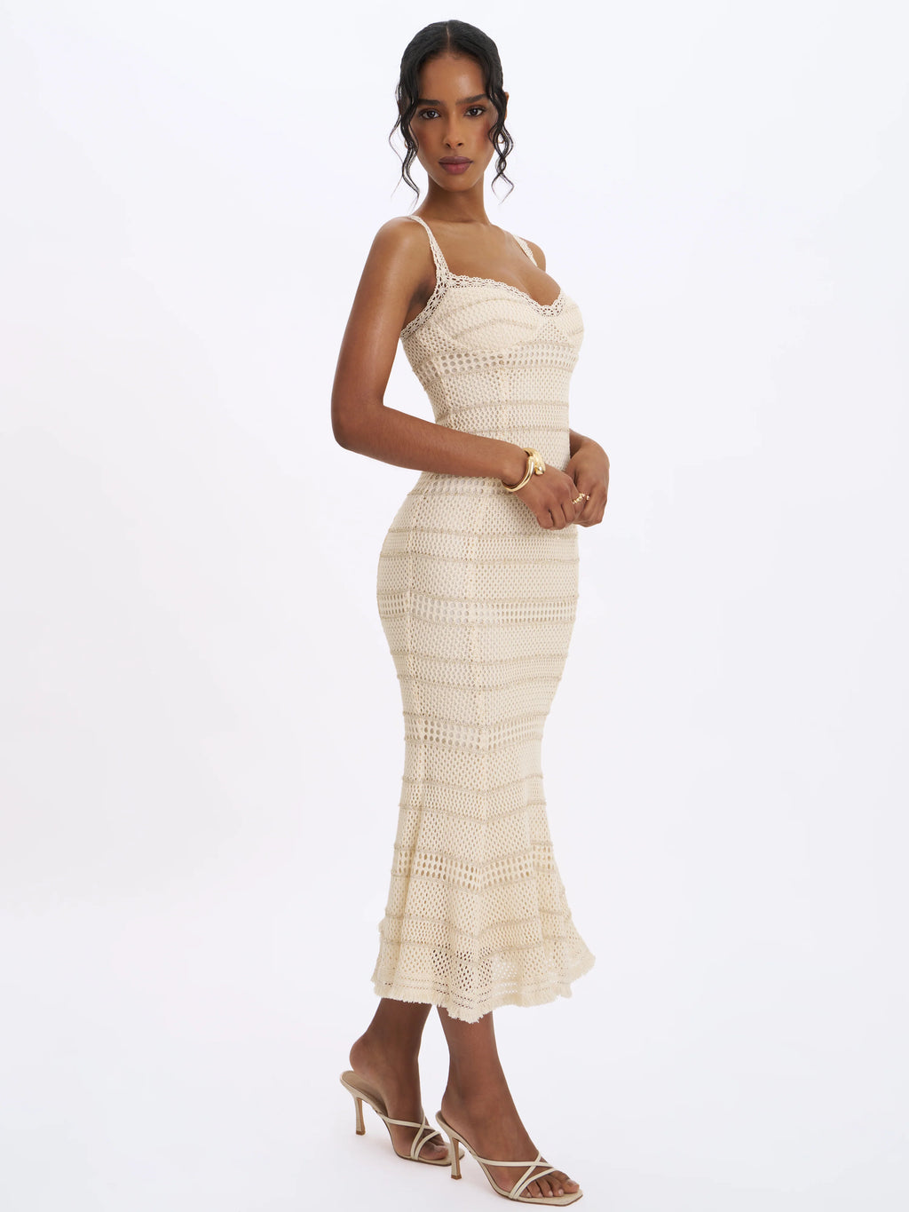 Xiomara Beige Gold Stripe Crochet Knit Mermaid Midi Dress