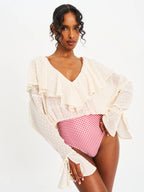 Magali Beige Dotted Mesh Ruffle V Collar Top