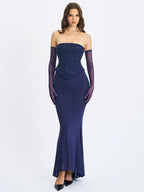 Orabelle Navy Beaded Peplum Mermaid Maxi Gown with Lace up Back
