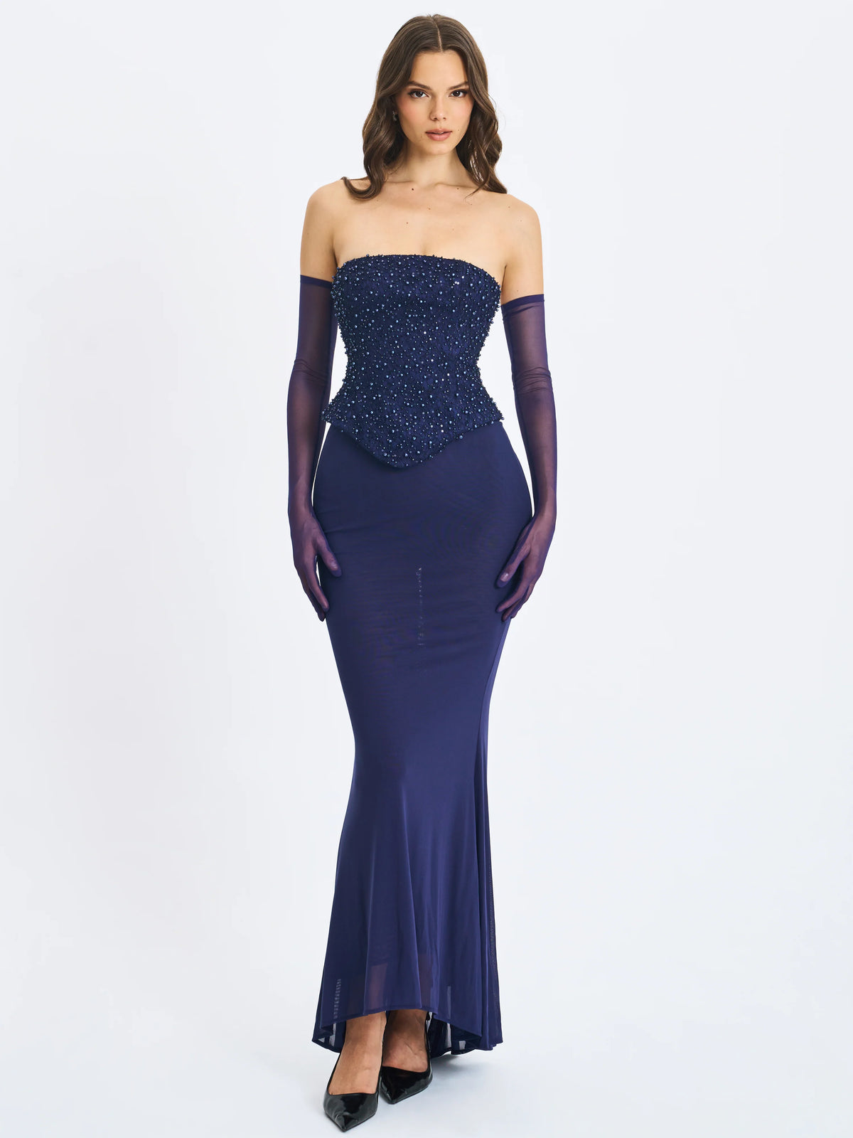 Orabelle Navy Beaded Peplum Mermaid Maxi Gown with Lace up Back