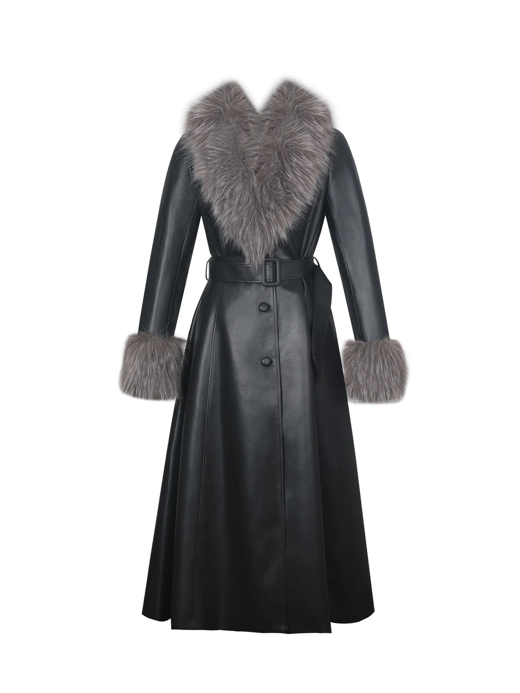 Nico Black Faux Leather Fur Trimmed Belted A Line Midi Coat