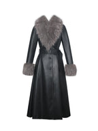 Nico Black Faux Leather Fur Trimmed Belted A Line Midi Coat