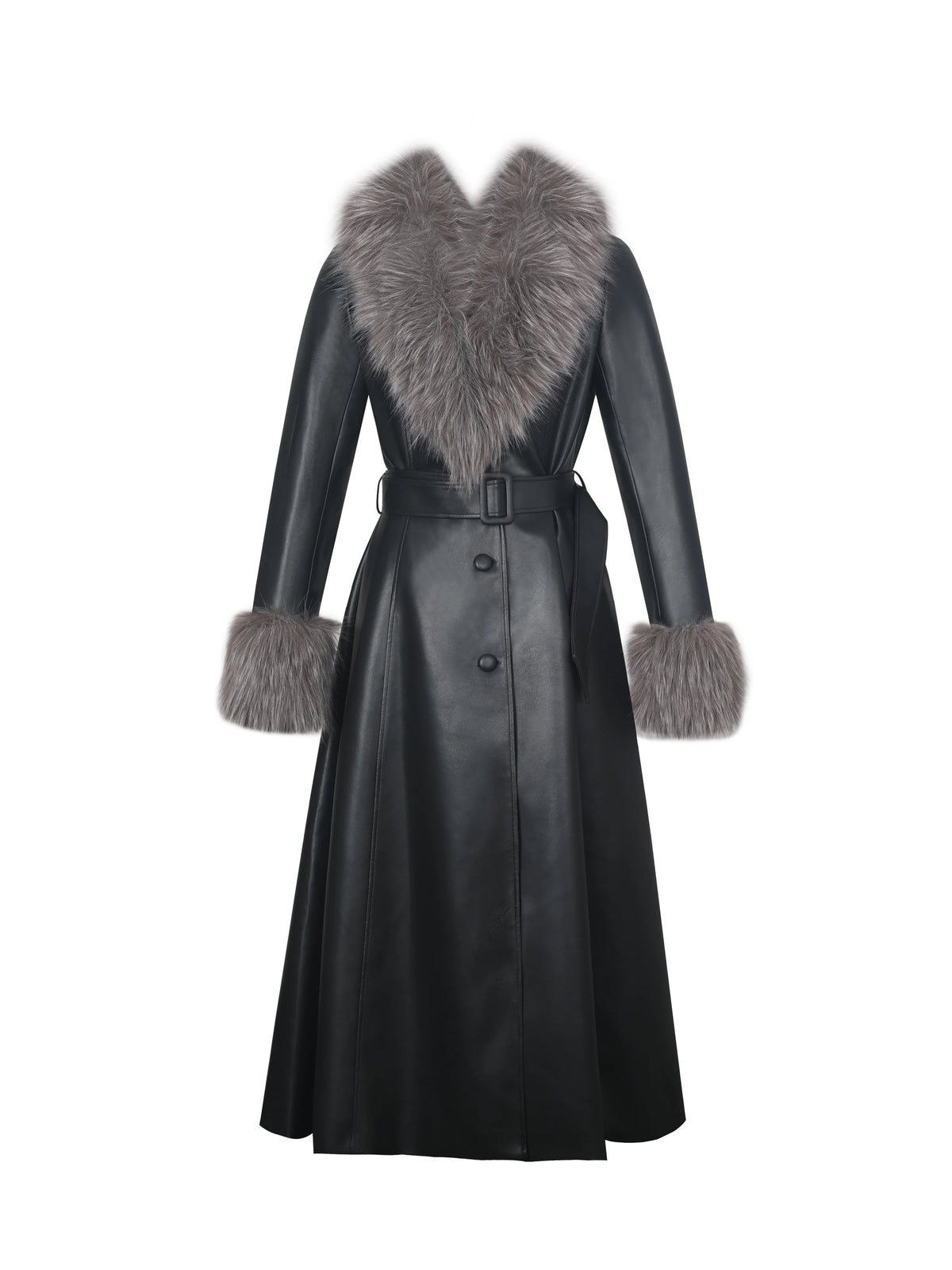 Nico Black Faux Leather Fur Trimmed Belted A Line Midi Coat
