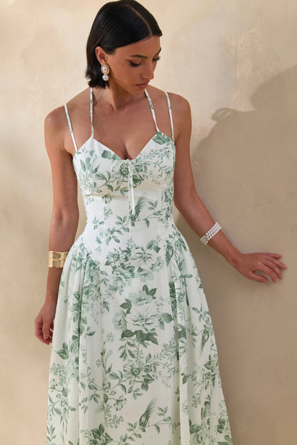 Audrey Green Floral Print Sweetheart Neck Midi Dress With Ruching Detail
