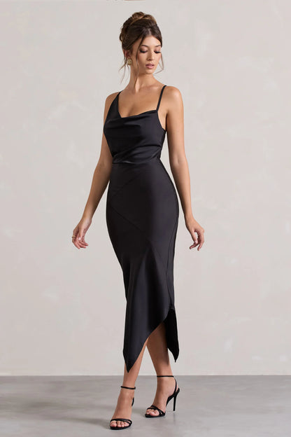 Fillie Black Satin Asymmetric Cowl Neck Midi Dress