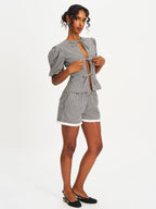 Qusayla Black Gingham Cotton Bubble Sleeve Bowtie Top