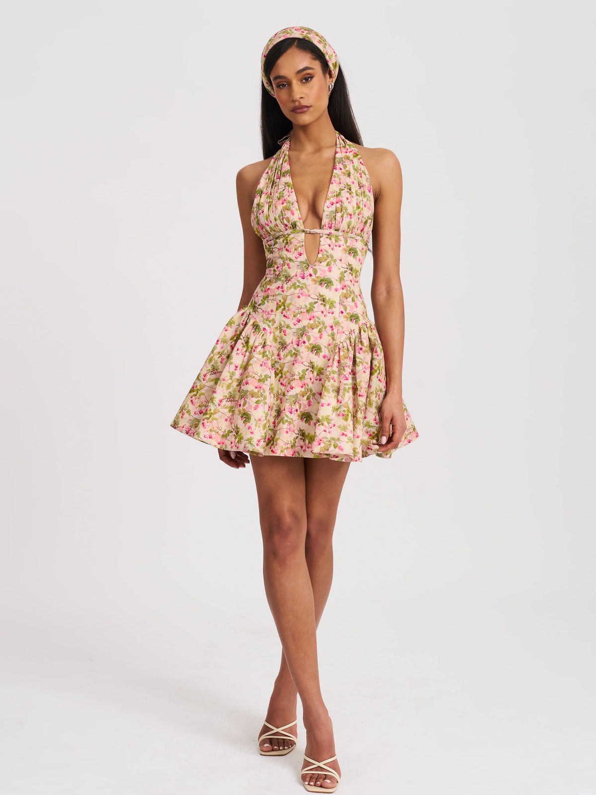 Mackenzie Green and Pink Floral Print Halter Linen Mini Dress