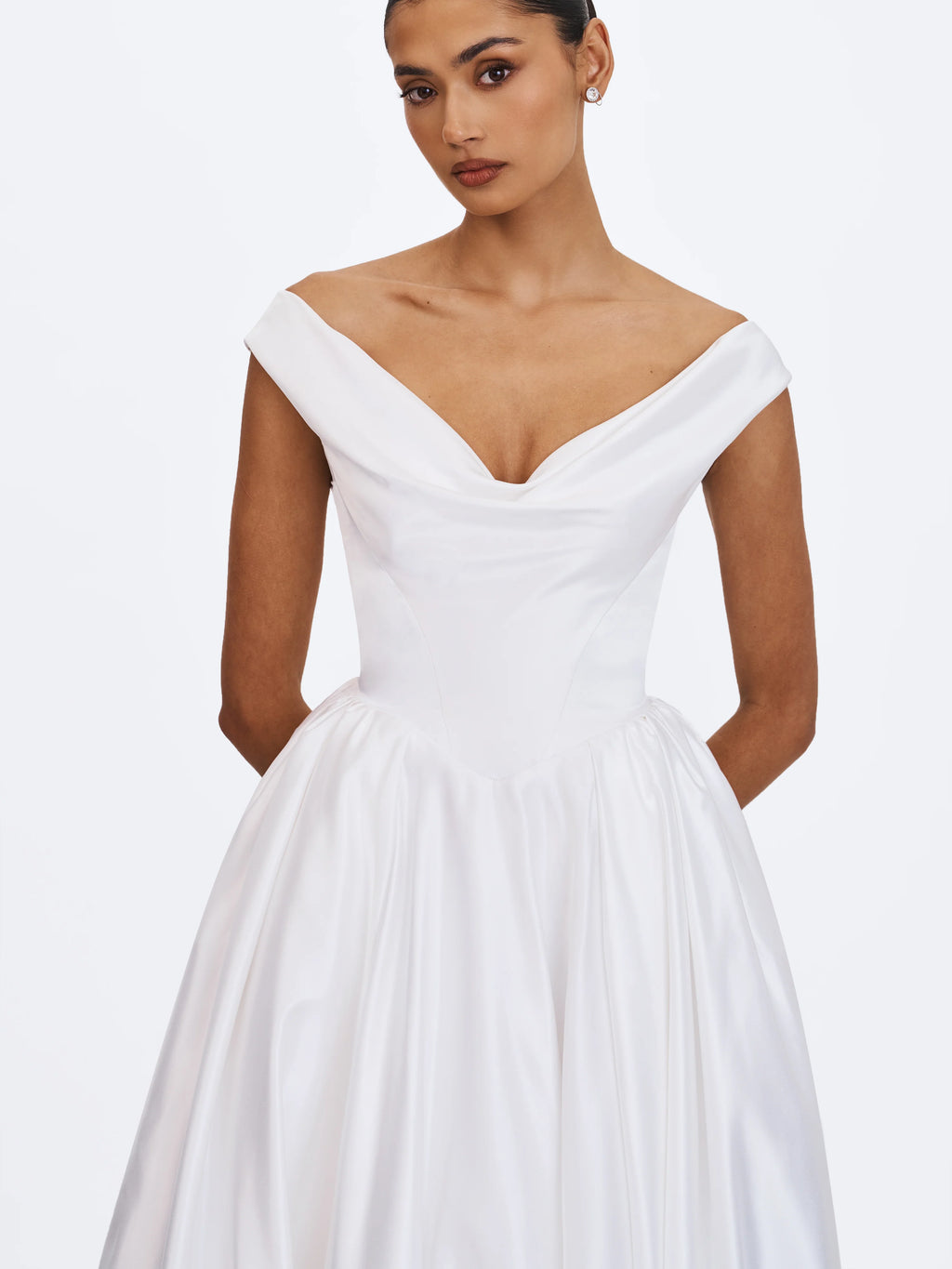 Unna White Satin Bardot Cowl Wedding Gown