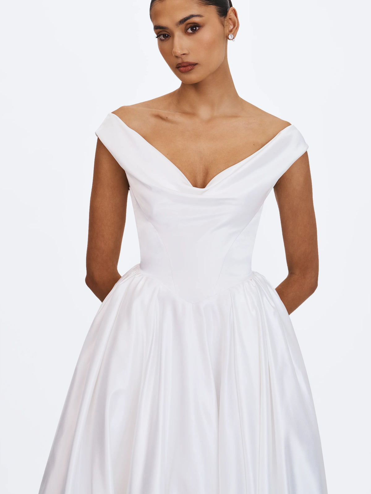 Unna White Satin Bardot Cowl Wedding Gown