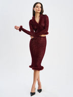 Halia Burgundy Animal Print Burnout Velvet Fur Trim Skirt