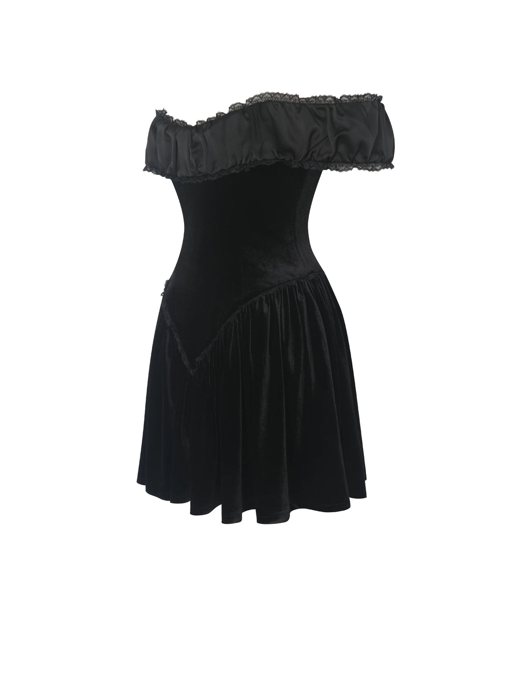 Daisha Black Lace Trimmed Off Shoulder Ruched Mini Dress